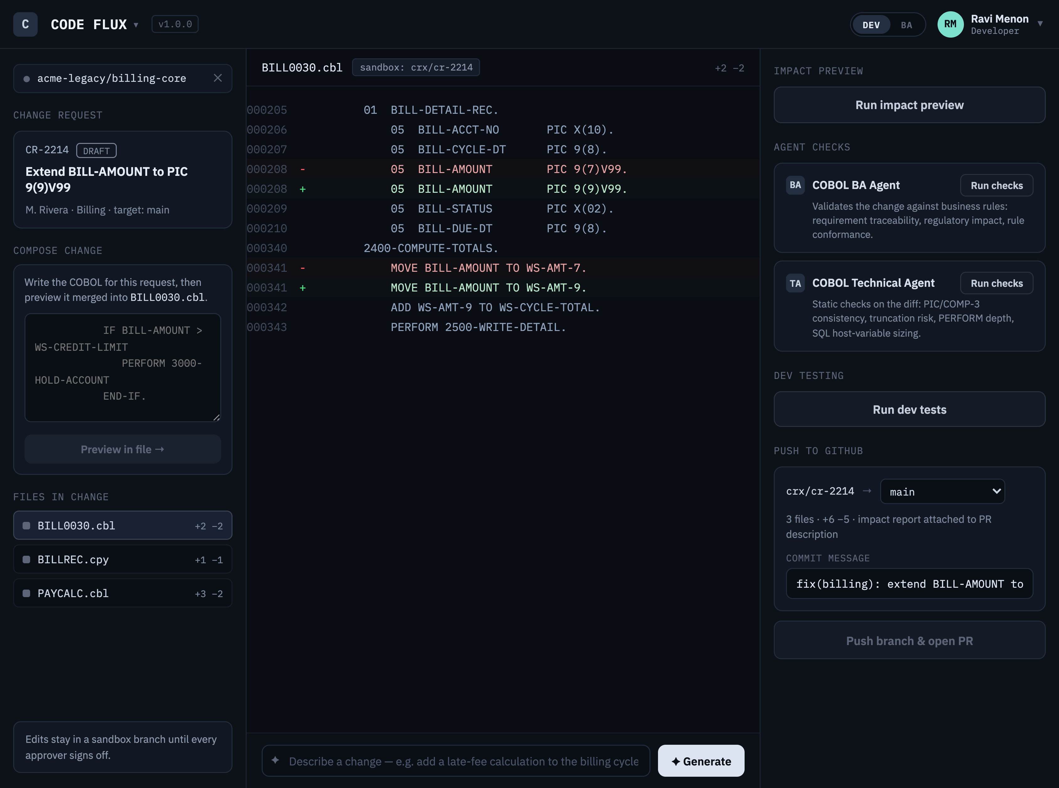 Code Flux — change workflow